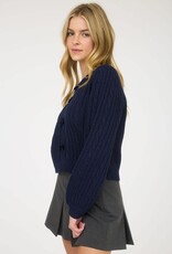 Miss Bliss Cable Knit Front Velvet Bow Detail Knit Sweater-Navy
