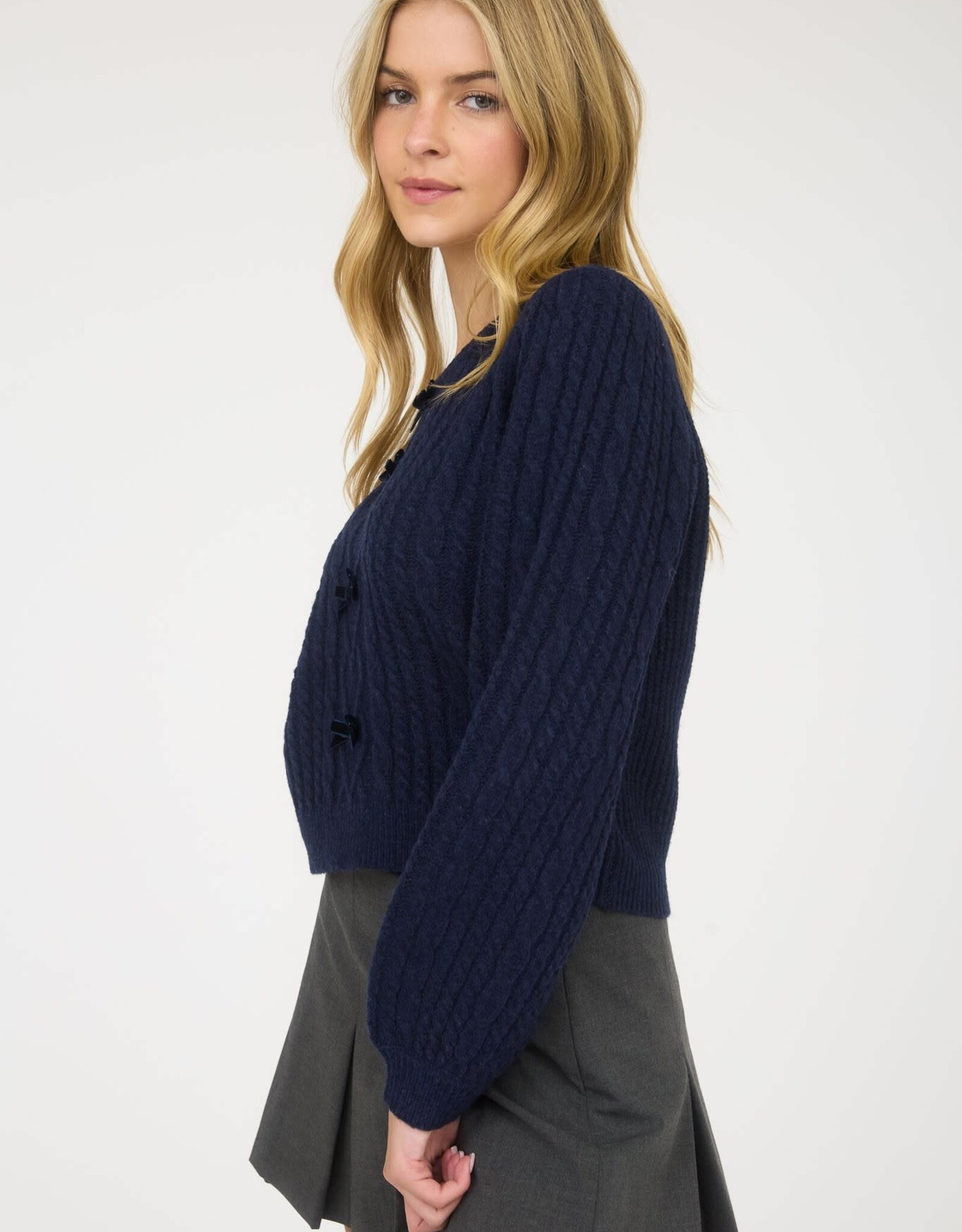 Miss Bliss Cable Knit Front Velvet Bow Detail Knit Sweater-Navy