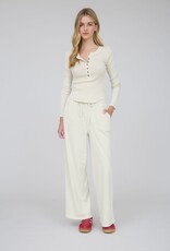 Miss Bliss Washed Long Sleeve Ribbed Henley Knit Top-Khaki