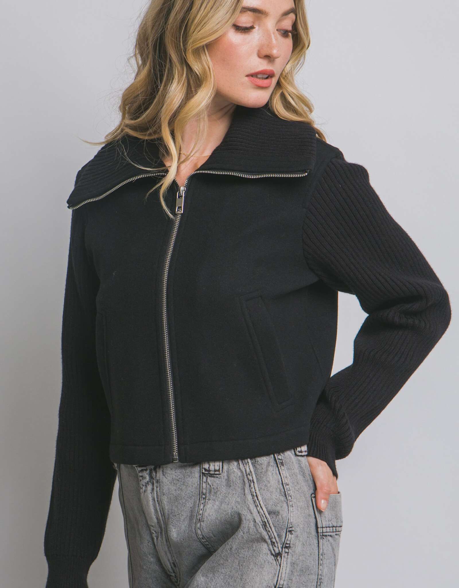 Miss Bliss Lt Knit Contrast Long Sleeve Jacket-Black