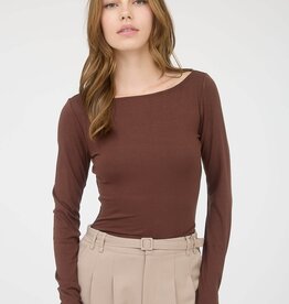 Miss Bliss Boat Neck Long Sleeve Solid Knit Top-Chocolate