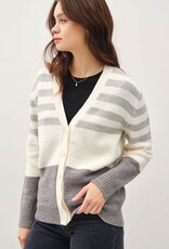 Miss Bliss BC Wool Blended Striped Color Block V Nck Cardigan-HGrey