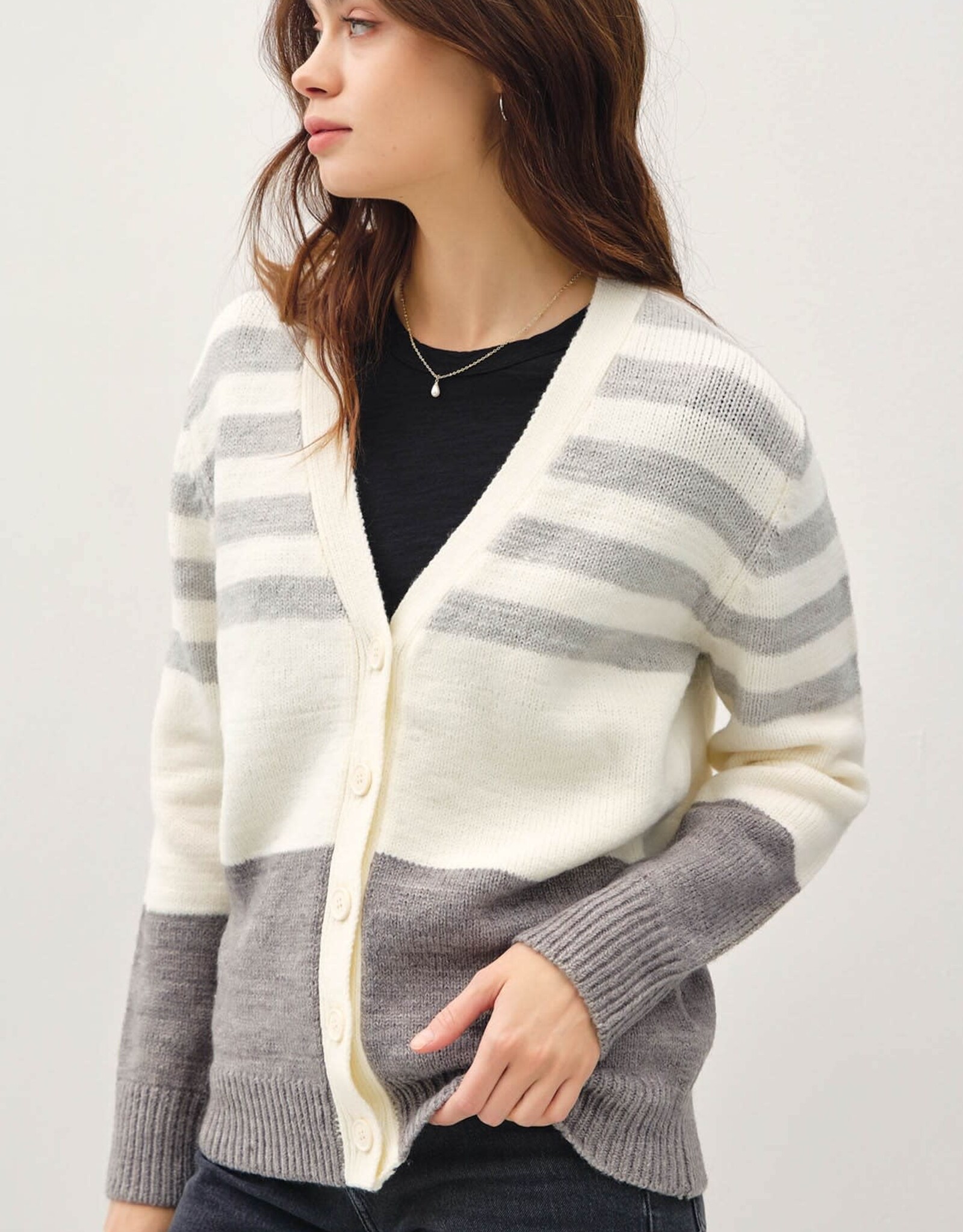 Miss Bliss BC Wool Blended Striped Color Block V Nck Cardigan-HGrey