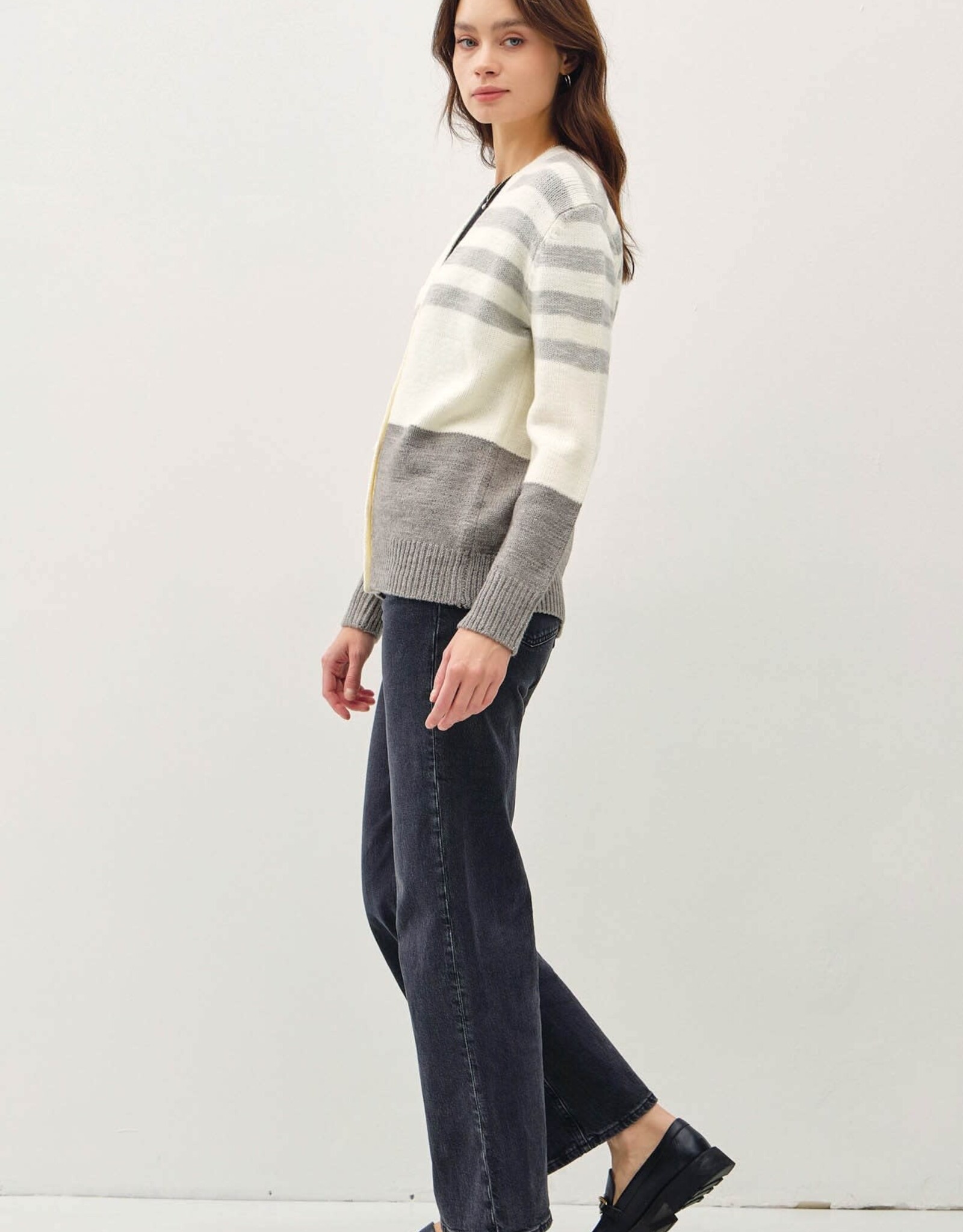 Miss Bliss BC Wool Blended Striped Color Block V Nck Cardigan-HGrey