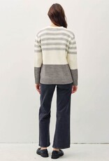 Miss Bliss BC Wool Blended Striped Color Block V Nck Cardigan-HGrey