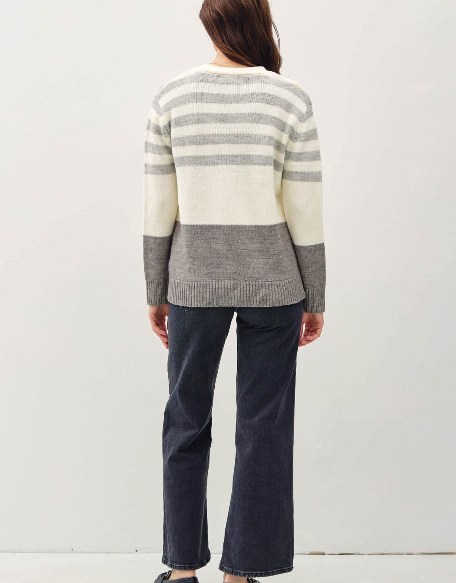 Miss Bliss BC Wool Blended Striped Color Block V Nck Cardigan-HGrey