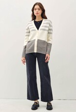 Miss Bliss BC Wool Blended Striped Color Block V Nck Cardigan-HGrey