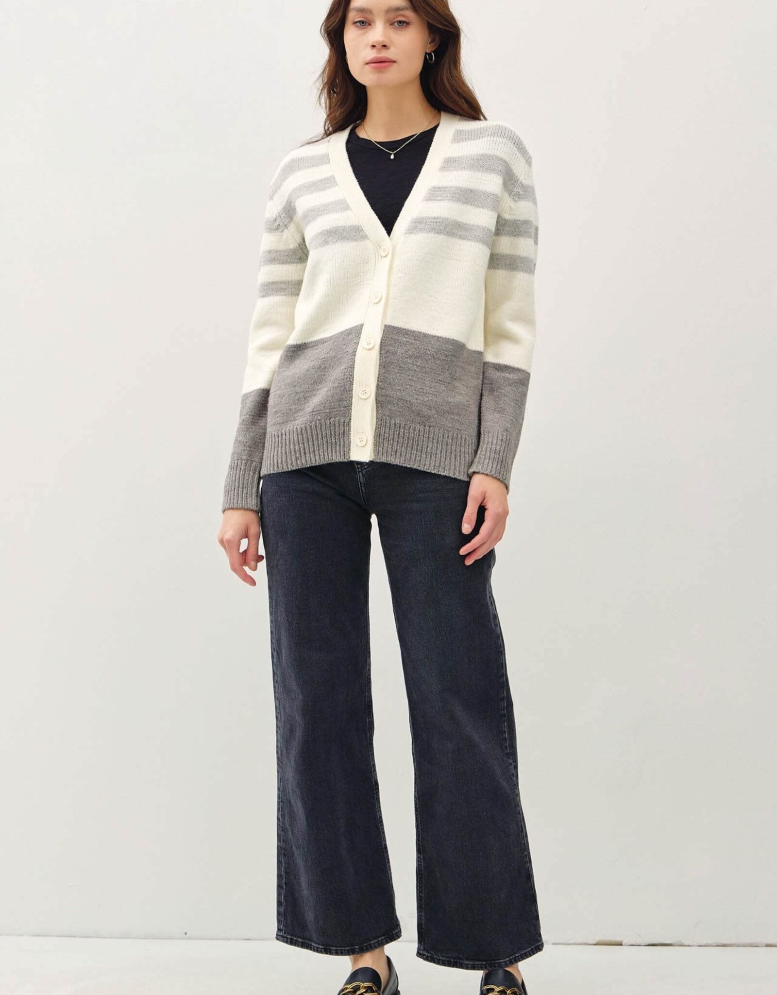 Miss Bliss BC Wool Blended Striped Color Block V Nck Cardigan-HGrey
