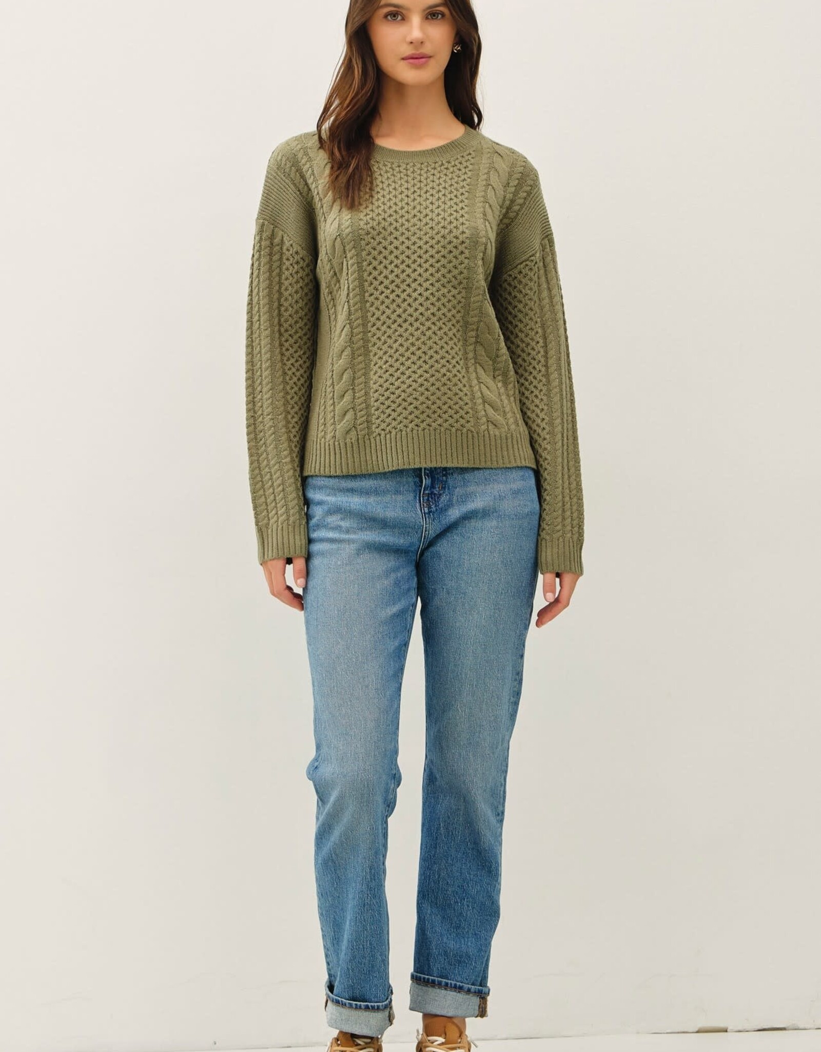 Miss Bliss BC Classic Cable Knit Crewneck Sweater-Spuce