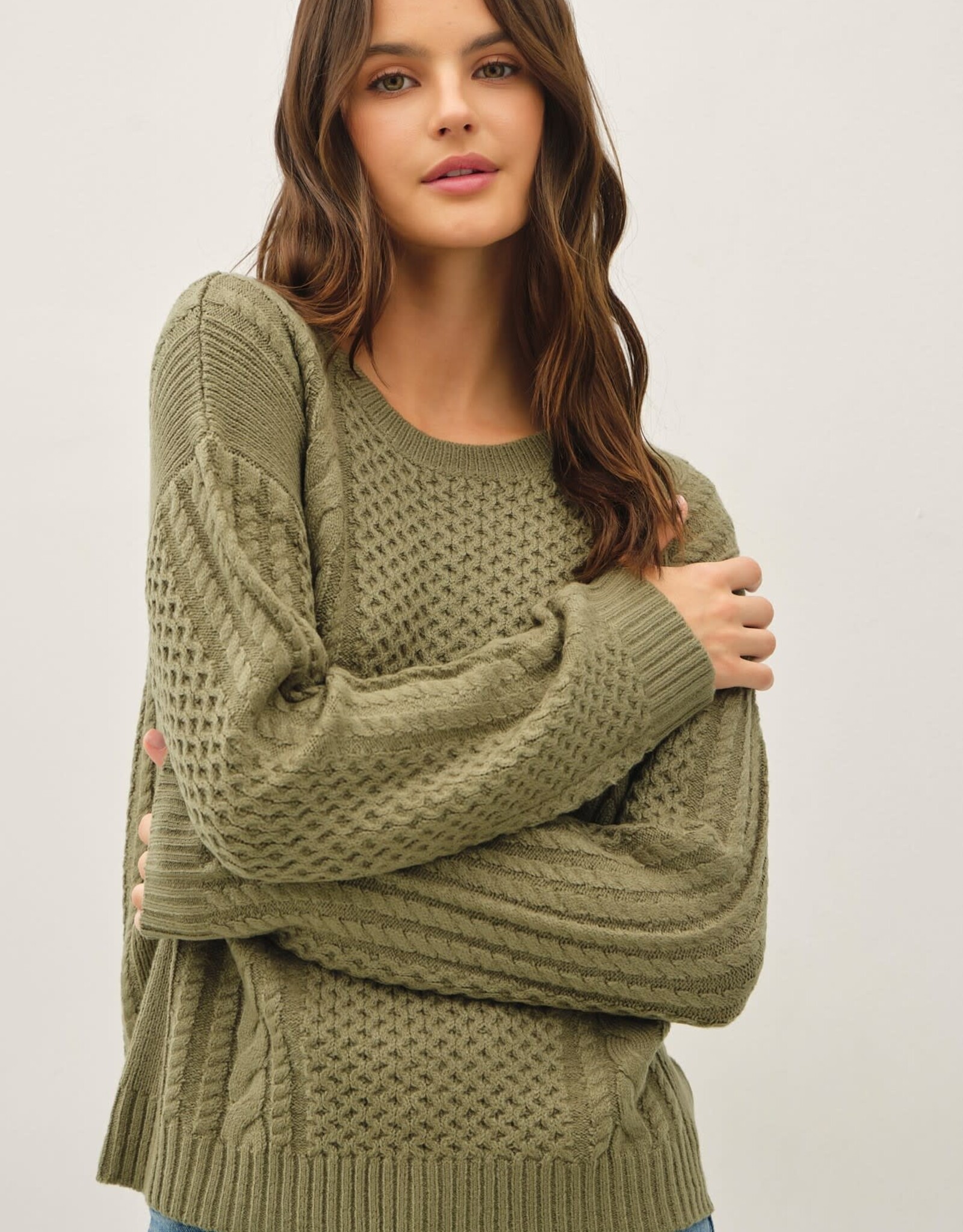 Miss Bliss BC Classic Cable Knit Crewneck Sweater-Spuce