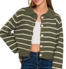 Miss Bliss Striped Collared Button Cardigan-Dk Olive