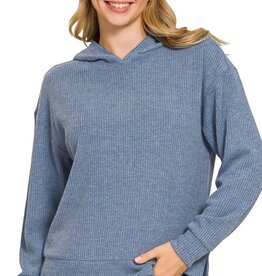 Miss Bliss Ribbed Knit Loose Fit Hoodie Pullover- Dusty Blue