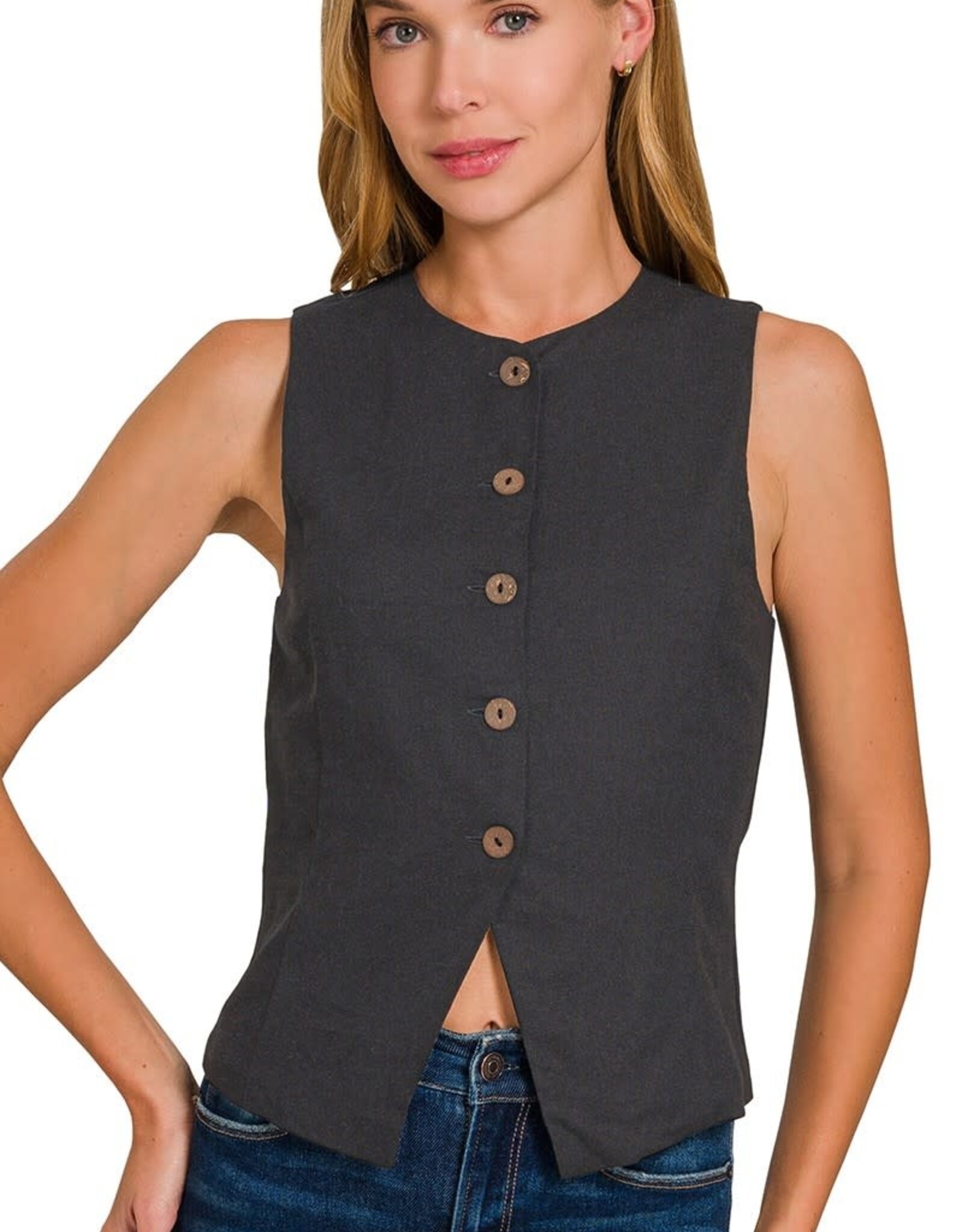 Miss Bliss Zen Linen 5 Button Vest-Black
