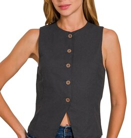 Miss Bliss Zen Linen 5 Button Vest-Black