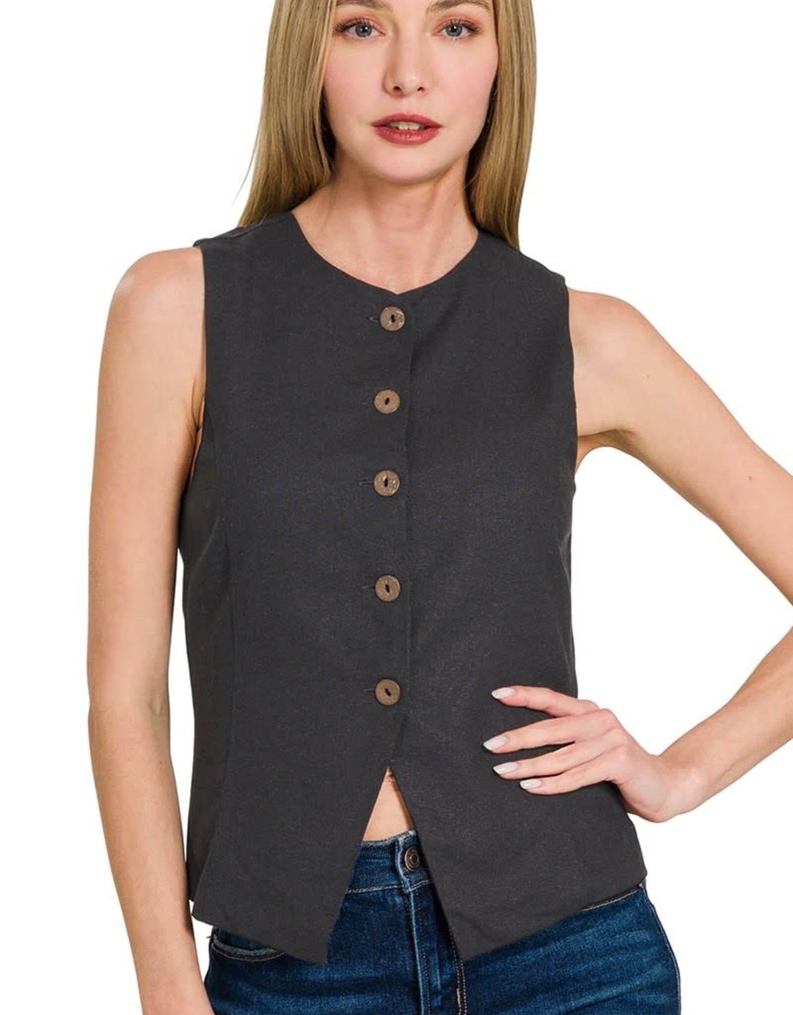 Miss Bliss Zen Linen 5 Button Vest-Black