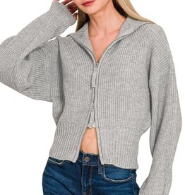 Miss Bliss Collared Zip Up Sweater- H. Grey