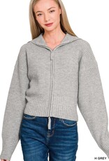 Miss Bliss Collared Zip Up Sweater- H. Grey