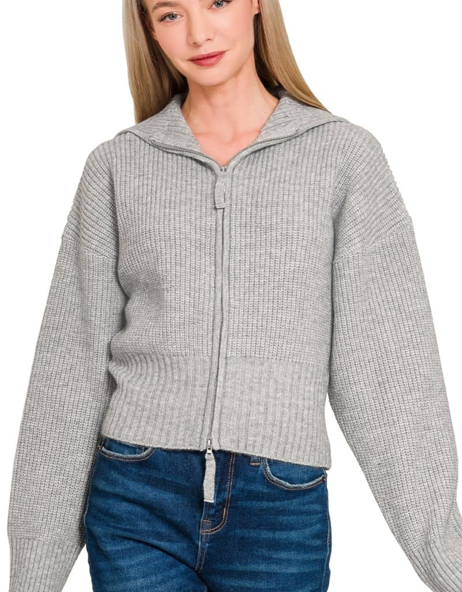Miss Bliss Collared Zip Up Sweater- H. Grey