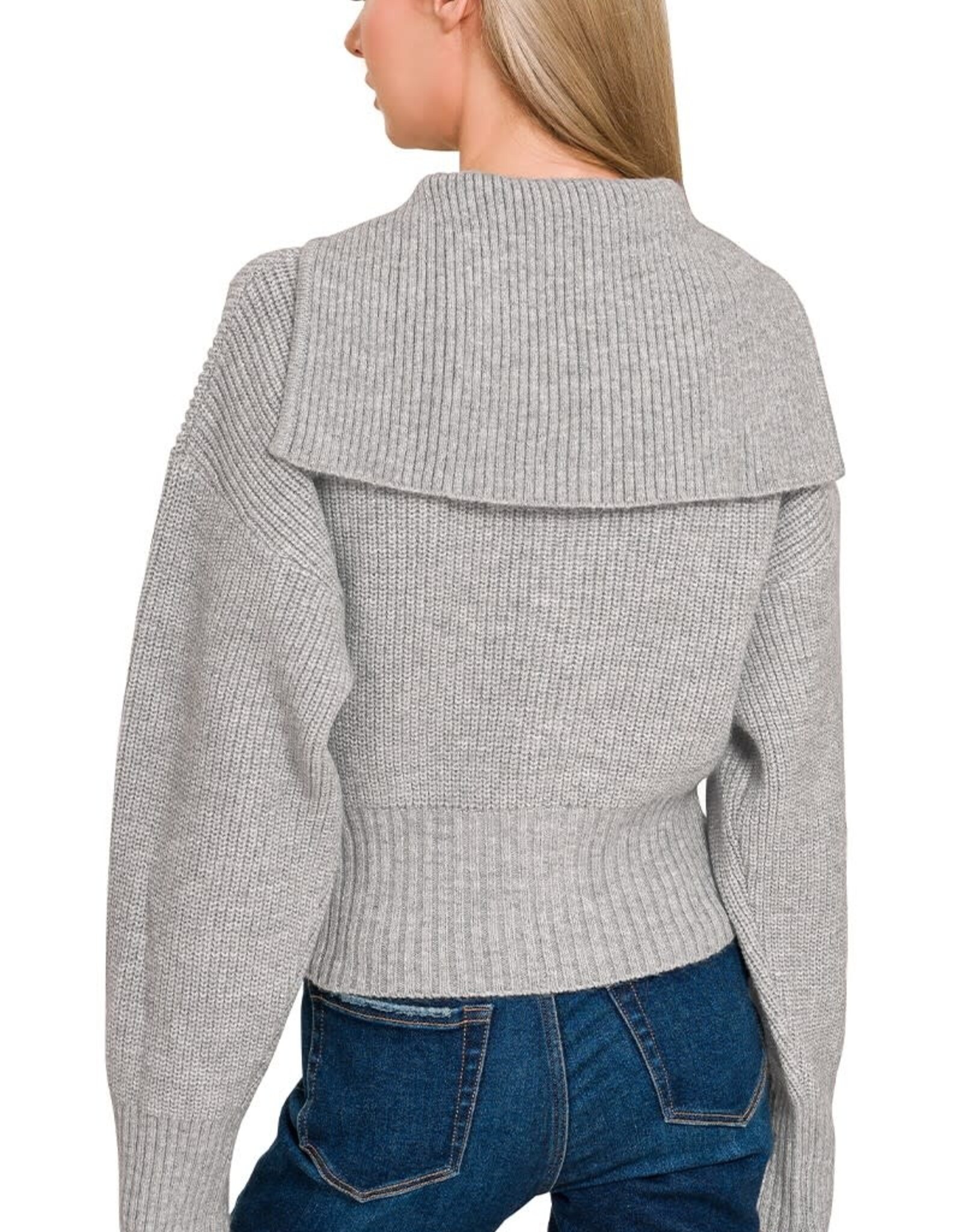 Miss Bliss Collared Zip Up Sweater- H. Grey