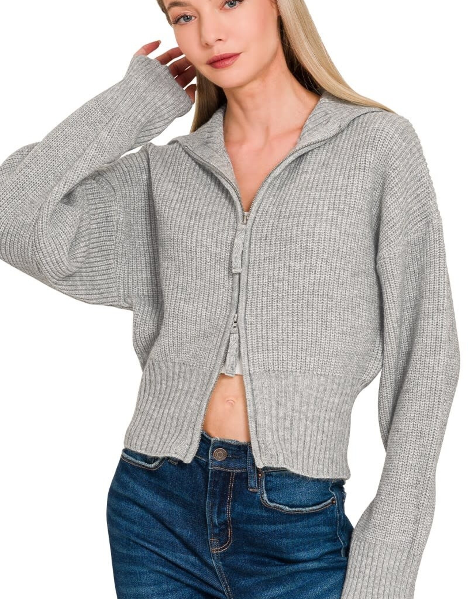 Miss Bliss Collared Zip Up Sweater- H. Grey