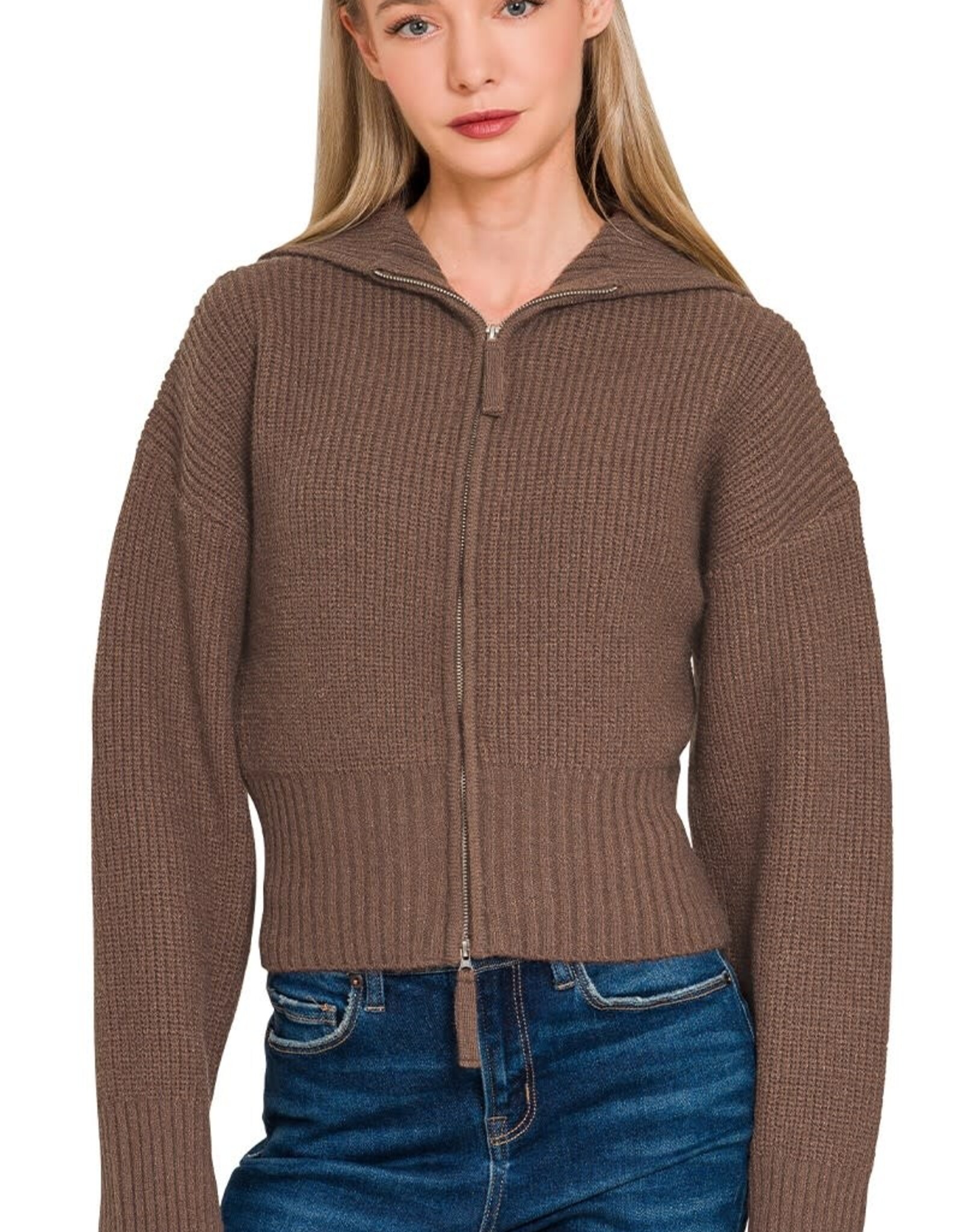 Miss Bliss Collared Zip Up Sweater- Brown