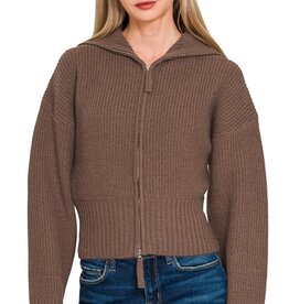 Miss Bliss Collared Zip Up Sweater- Brown