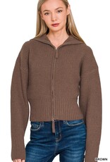 Miss Bliss Collared Zip Up Sweater- Brown