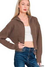Miss Bliss Collared Zip Up Sweater- Brown