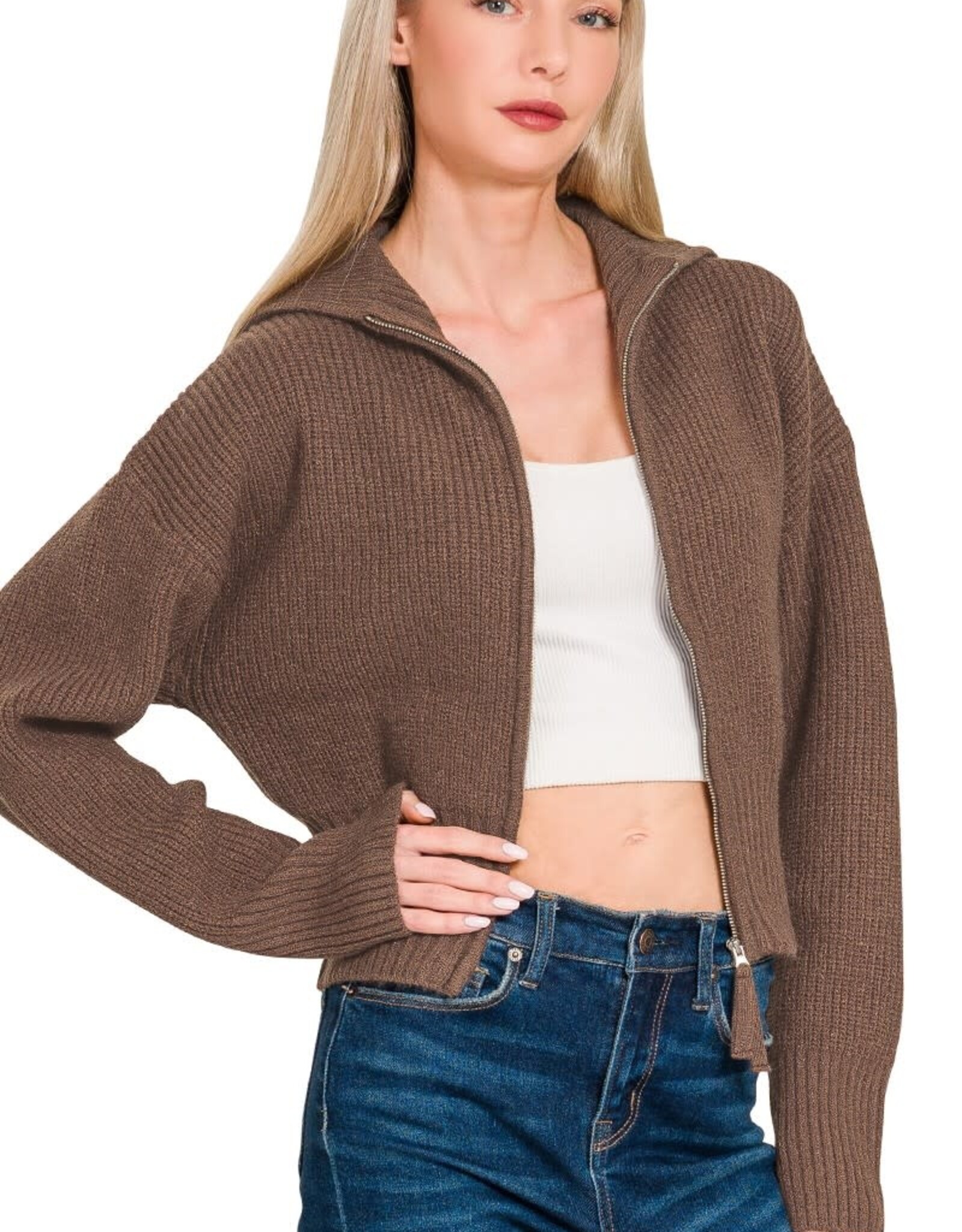 Miss Bliss Collared Zip Up Sweater- Brown