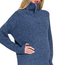 Miss Bliss Half Zip Collar Pullover Sweater-Navy