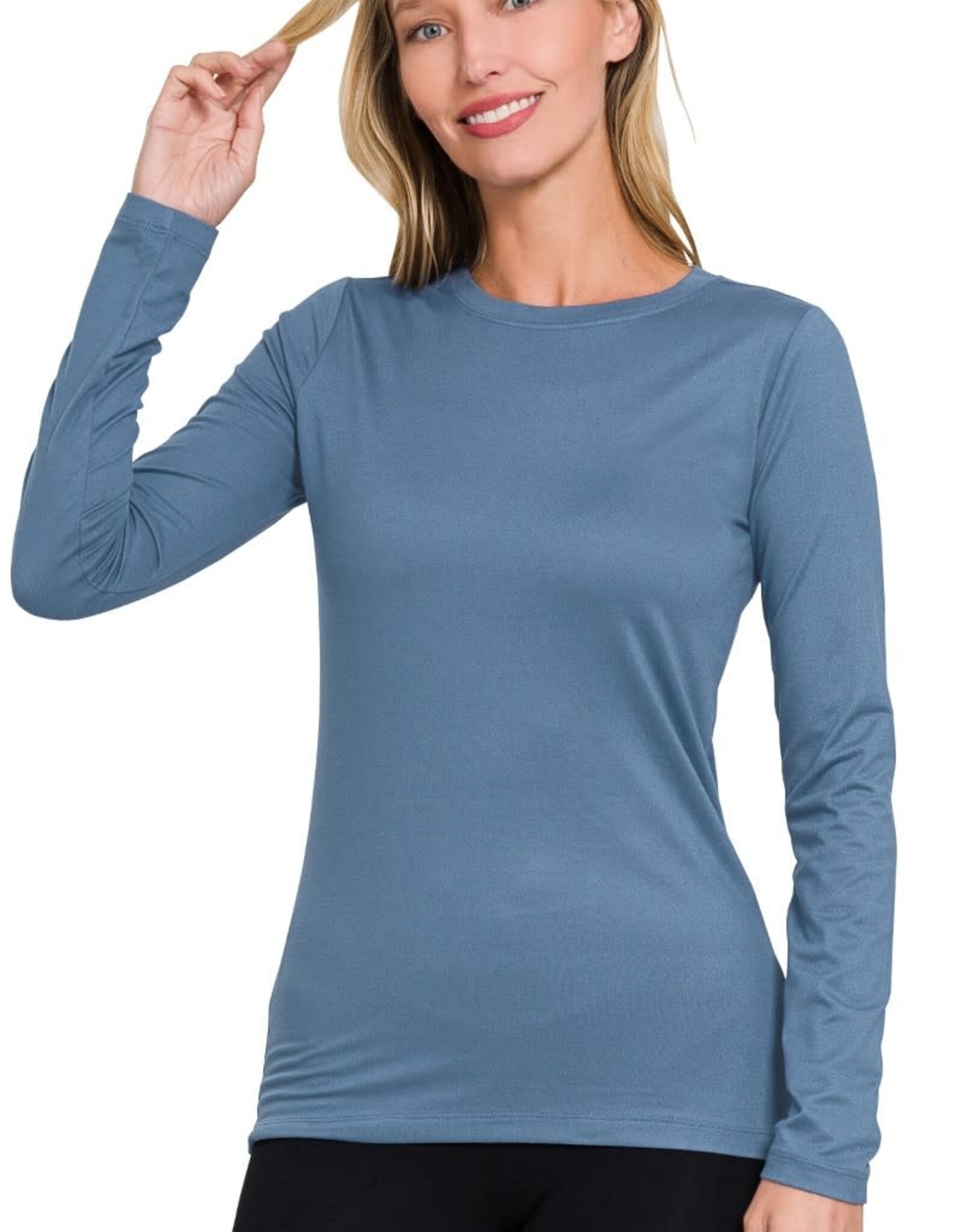 Miss Bliss Zen Brushed Microfiber Ls Round Neck Tee-Dusty Blue