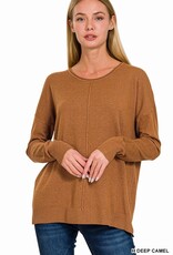 Miss Bliss Zen Viscose Front Seam Round Neck Sweater- H. Deep Camel