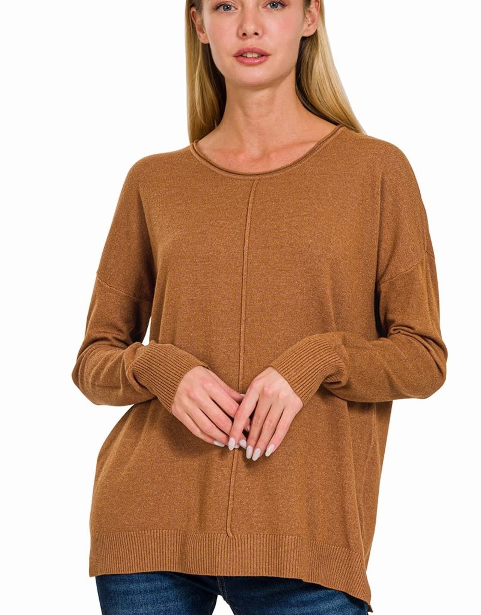 Miss Bliss Zen Viscose Front Seam Round Neck Sweater- H. Deep Camel
