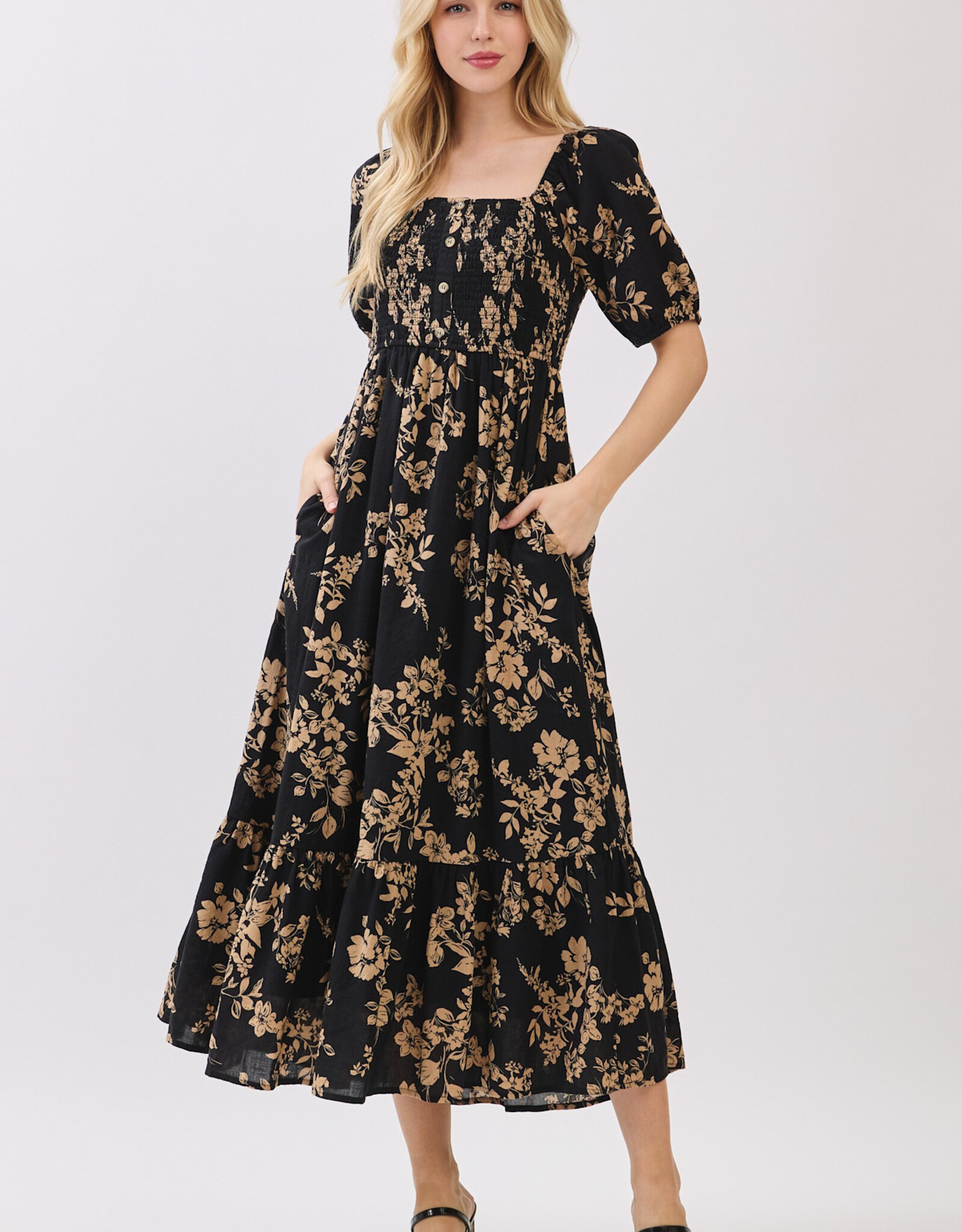 Miss Bliss Cal Btn Front Sqr Neck Balloon Slv Maxi Dress-Blk/Mocha