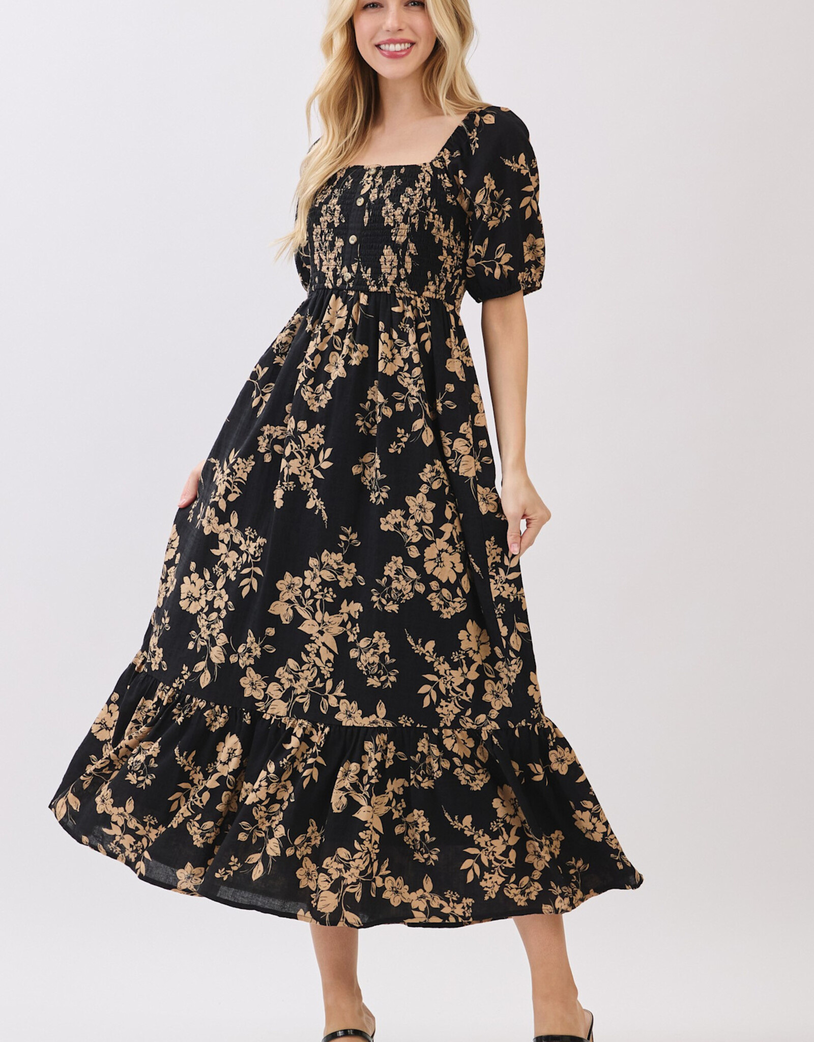 Miss Bliss Cal Btn Front Sqr Neck Balloon Slv Maxi Dress-Blk/Mocha