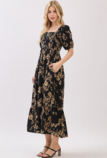 Miss Bliss Cal Btn Front Sqr Neck Balloon Slv Maxi Dress-Blk/Mocha