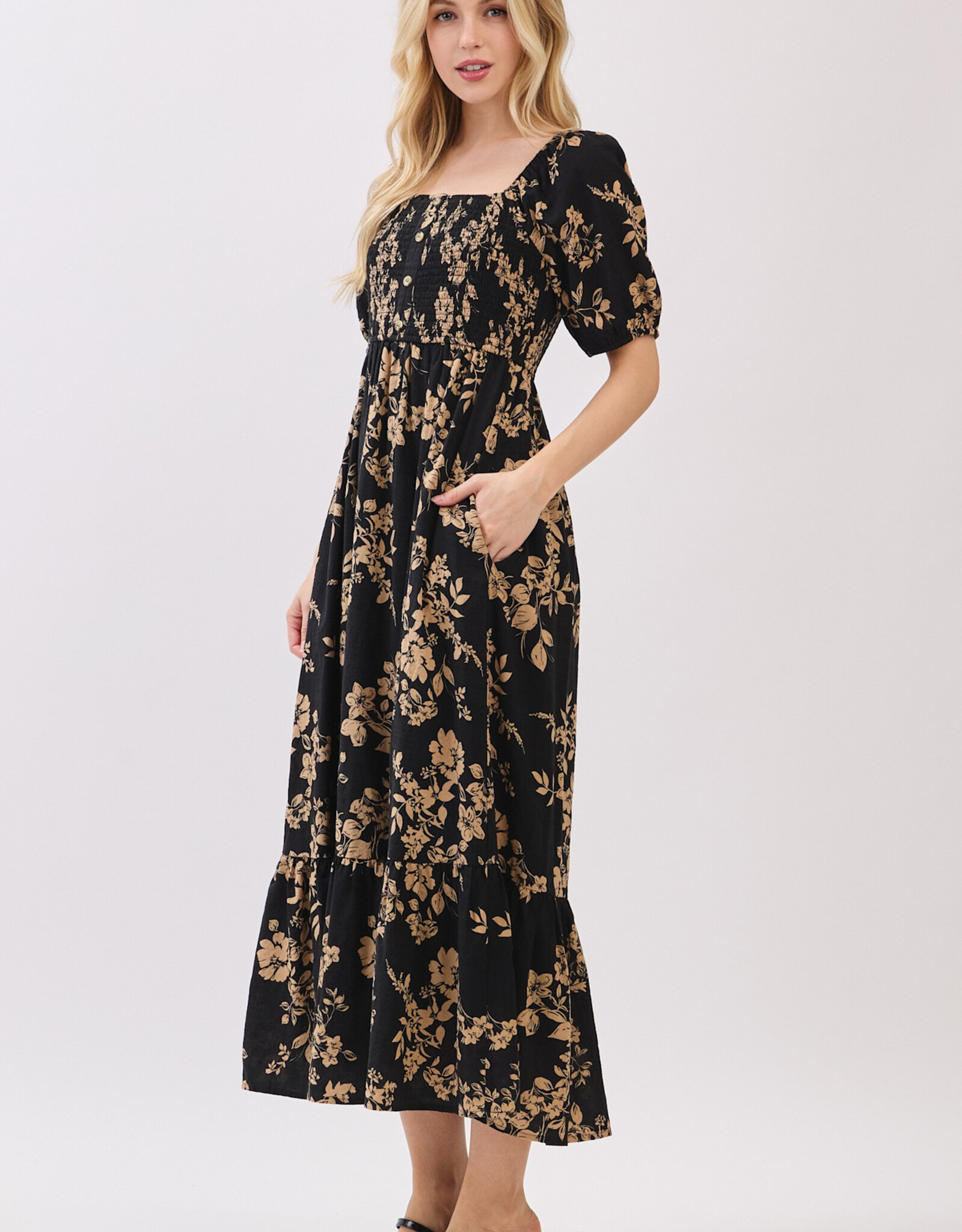 Miss Bliss Cal Btn Front Sqr Neck Balloon Slv Maxi Dress-Blk/Mocha