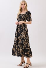 Miss Bliss Cal Btn Front Sqr Neck Balloon Slv Maxi Dress-Blk/Mocha