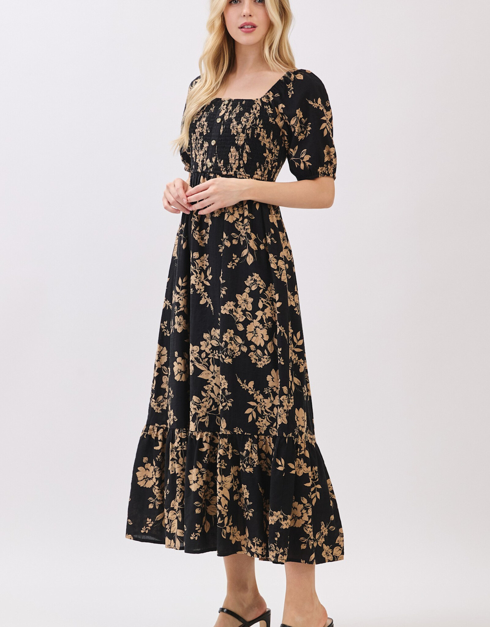 Miss Bliss Cal Btn Front Sqr Neck Balloon Slv Maxi Dress-Blk/Mocha