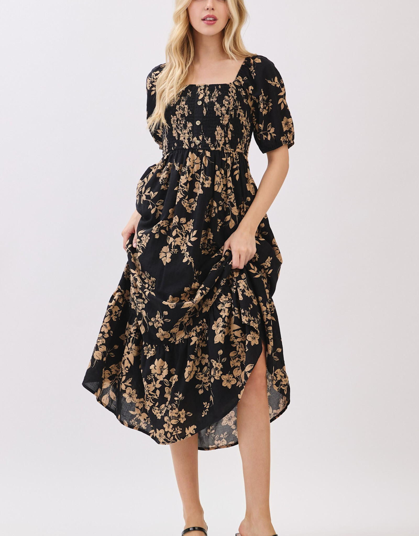 Miss Bliss Cal Btn Front Sqr Neck Balloon Slv Maxi Dress-Blk/Mocha