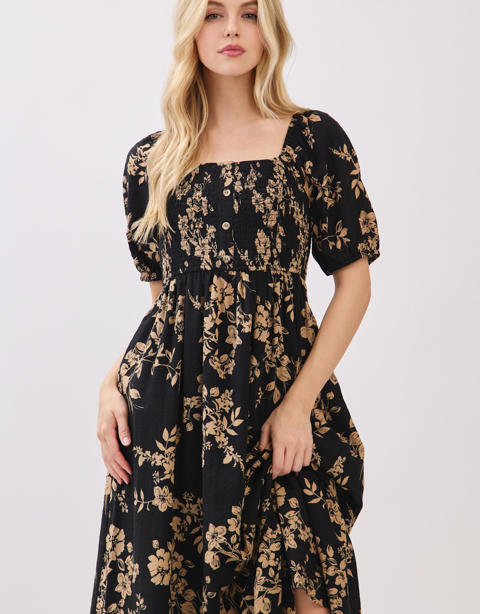 Miss Bliss Cal Btn Front Sqr Neck Balloon Slv Maxi Dress-Blk/Mocha