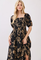 Miss Bliss Cal Btn Front Sqr Neck Balloon Slv Maxi Dress-Blk/Mocha