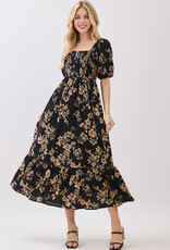 Miss Bliss Cal Btn Front Sqr Neck Balloon Slv Maxi Dress-Blk/Mocha