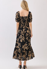 Miss Bliss Cal Btn Front Sqr Neck Balloon Slv Maxi Dress-Blk/Mocha