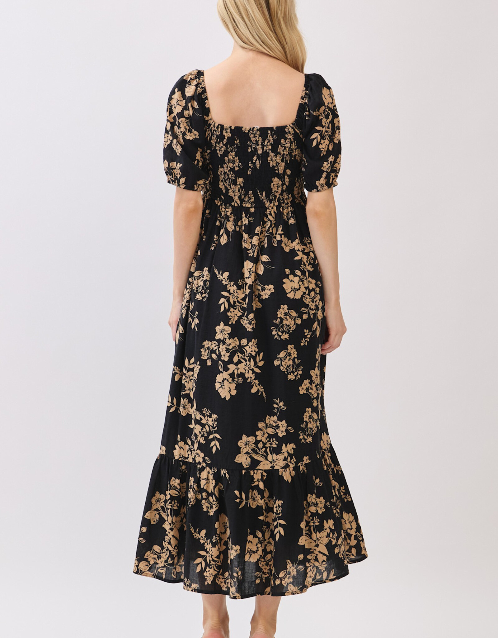 Miss Bliss Cal Btn Front Sqr Neck Balloon Slv Maxi Dress-Blk/Mocha