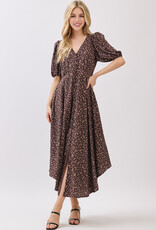 Miss Bliss Cal Ss Self Cover Button Floral Midi Dress-Brwn