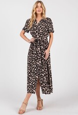Miss Bliss Cal Clr Nck Floral Midi Dress W / Waist Tie-Black/Taupe