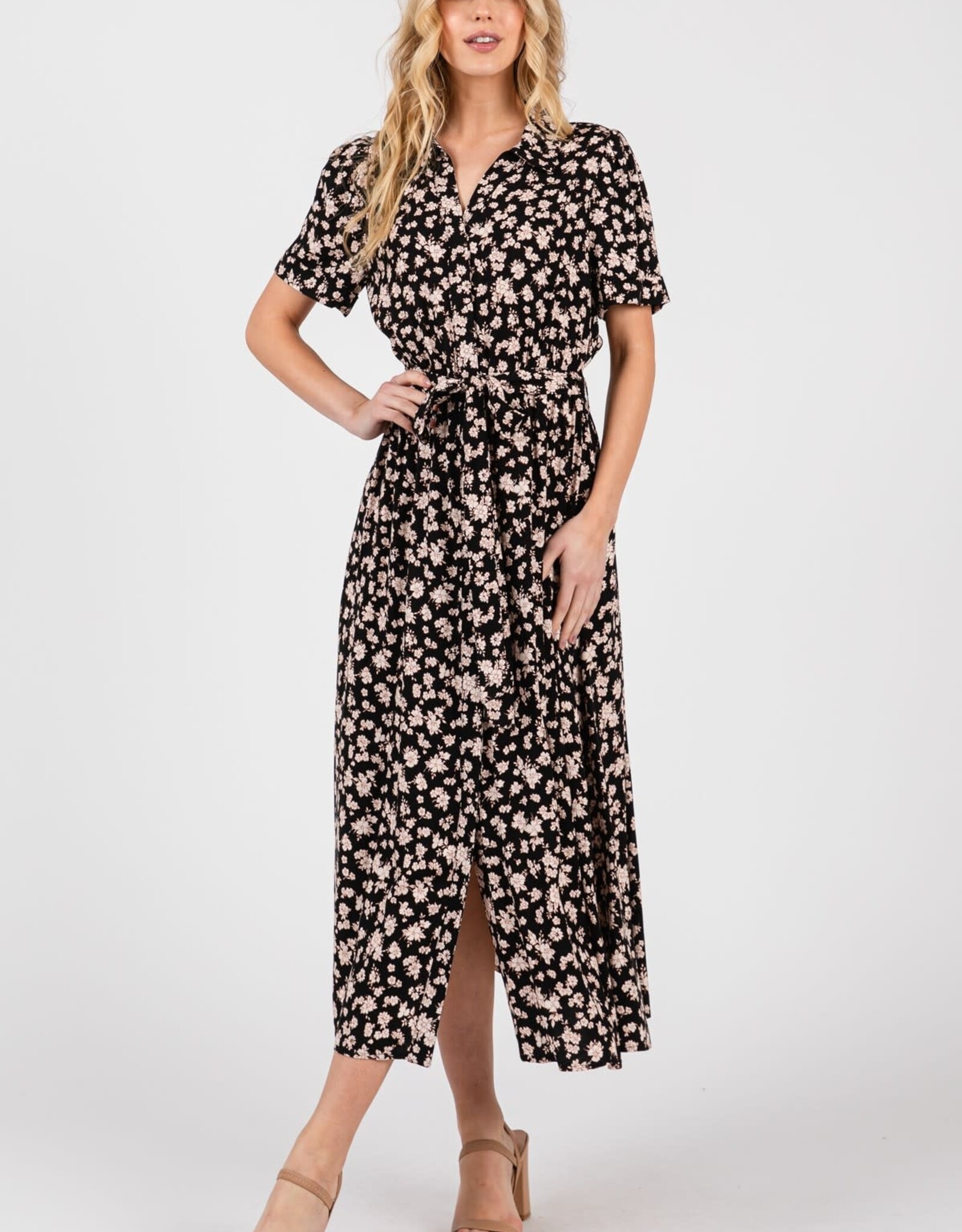 Miss Bliss Cal Clr Nck Floral Midi Dress W / Waist Tie-Black/Taupe