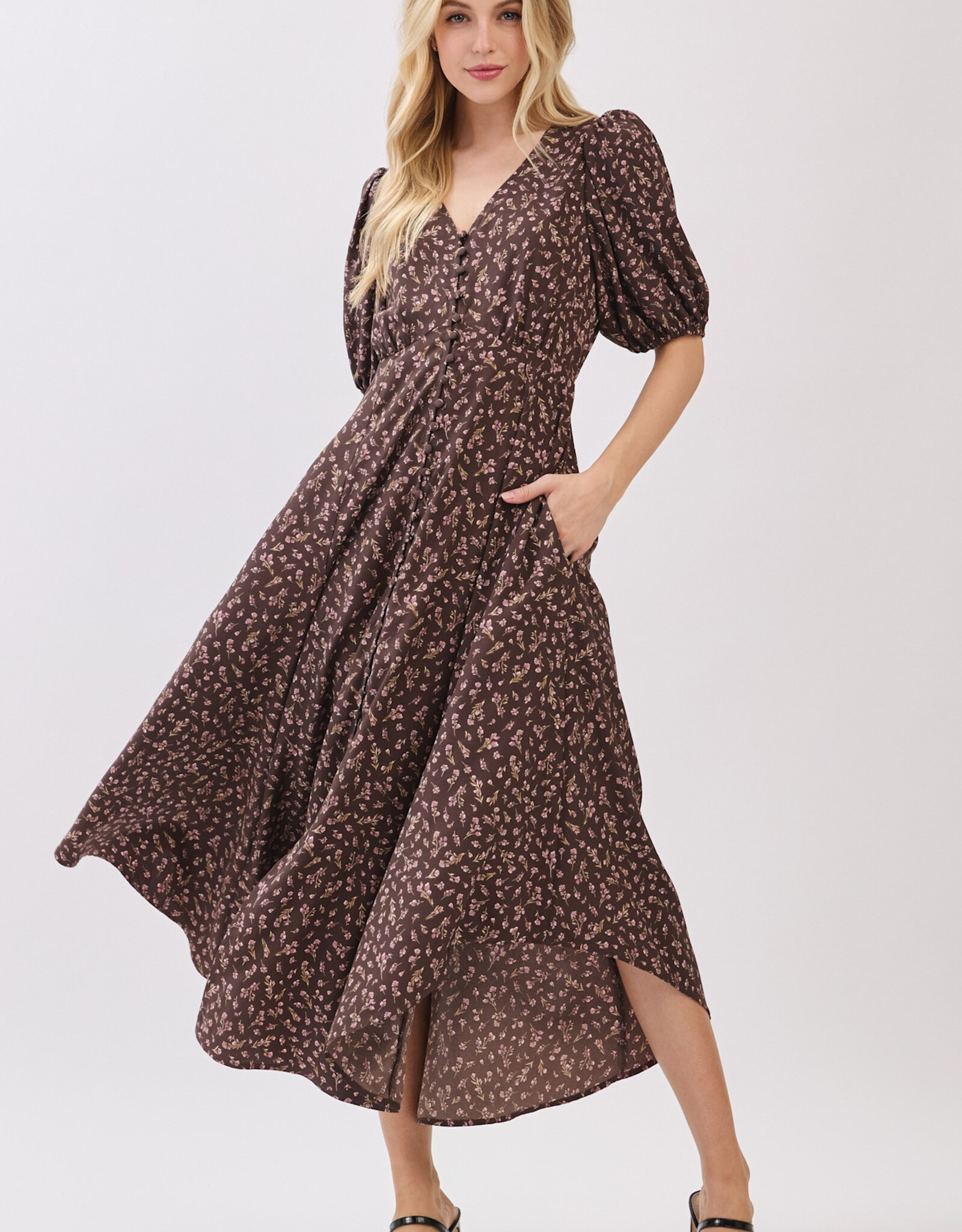 Miss Bliss Cal Clr Nck Floral Midi Dress W / Waist Tie-Black/Taupe