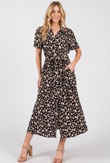Miss Bliss Cal Clr Nck Floral Midi Dress W / Waist Tie-Black/Taupe